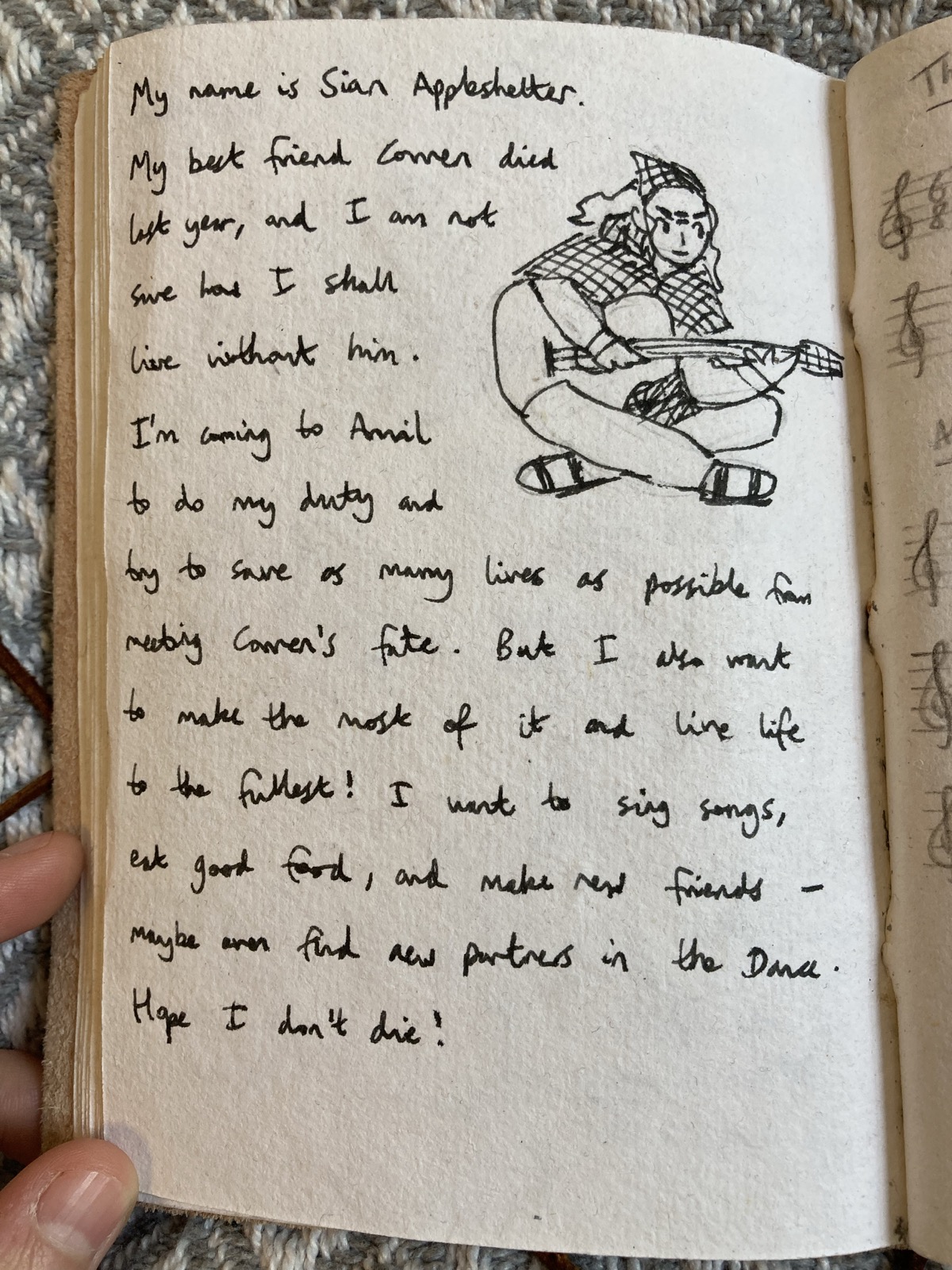 text reads: My name is Sian Appleshelter. My best friend Corren died last year, and I am not sure how I shall live without him. I'm coming to Anvil to do my duty and try to save as many lives as possible from meeting Corren's fate. But I also want to make the most of it and live life to the fullest! I want to sing songs, eat good food, and make new friends -- maybe even find new partners in the Dance. Hope I don't die!